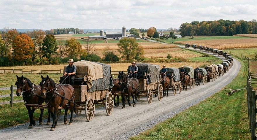 A long wagon train traveling toward the settlement